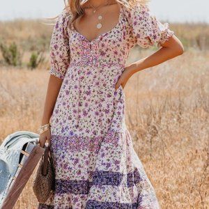 NWT Cotton Puff Sleeve Floral Midi Dress size S